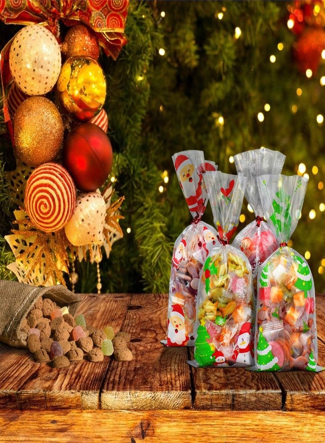 ERKOON 200 PCS Christmas Cellophane Treat Bags Clear Cookie Candy Goodie Bags Xmas Gift Bags with 250 PCS Twist Ties for Christmas Party Supplies (4 Styles) - Image 4